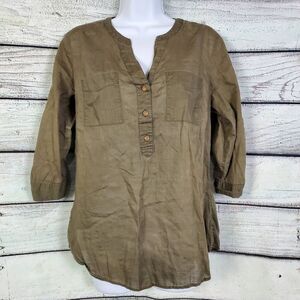 Croft & Barrow Women’s M 100% Cotton Linen Look Olive Green Button Front Top